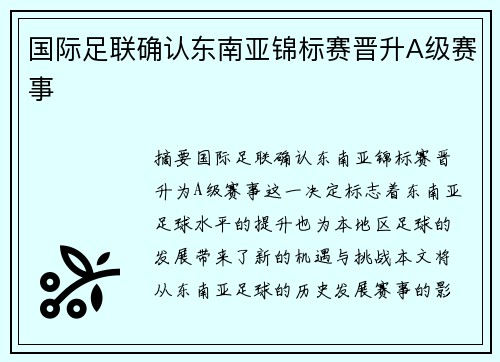 国际足联确认东南亚锦标赛晋升A级赛事